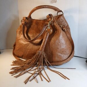 GILI Roma Cognac Brown Ostrich Embossed Genuine Leather Ex Large Hobo Tote Bag